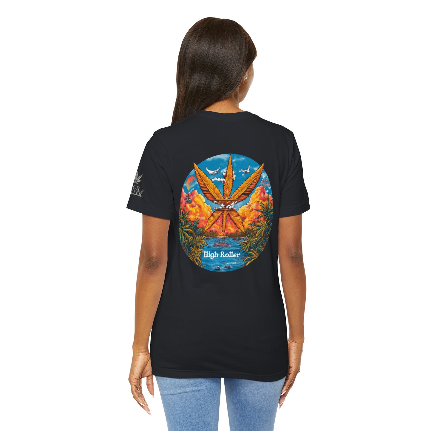 Cannabis Paradise Circle Tee - Tropical Sunset Art Design | High Roller