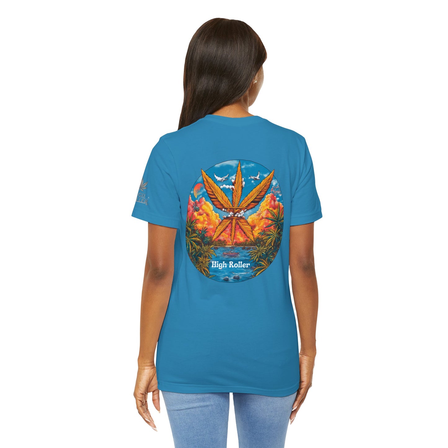 Cannabis Paradise Circle Tee - Tropical Sunset Art Design | High Roller