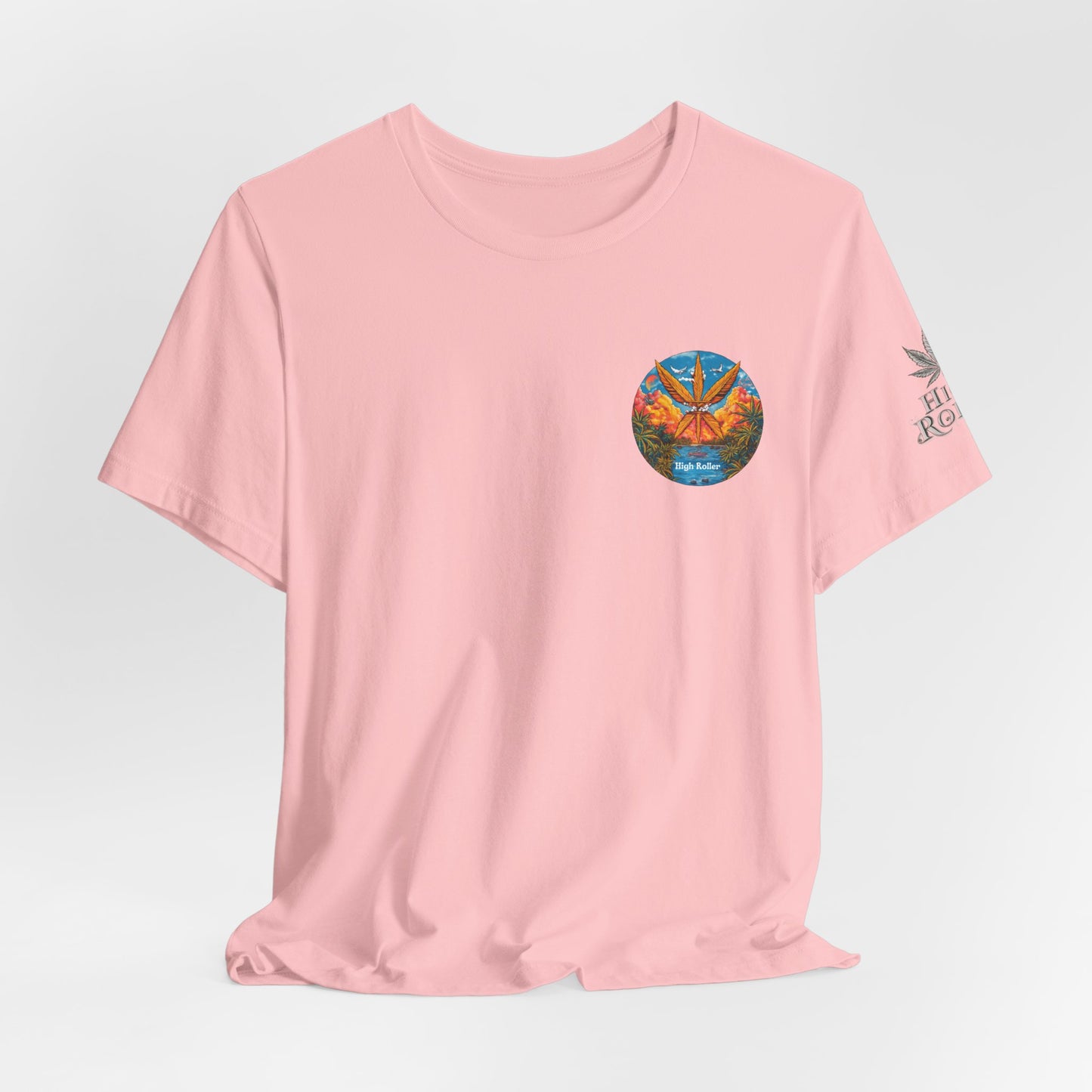 Cannabis Paradise Circle Tee - Tropical Sunset Art Design | High Roller