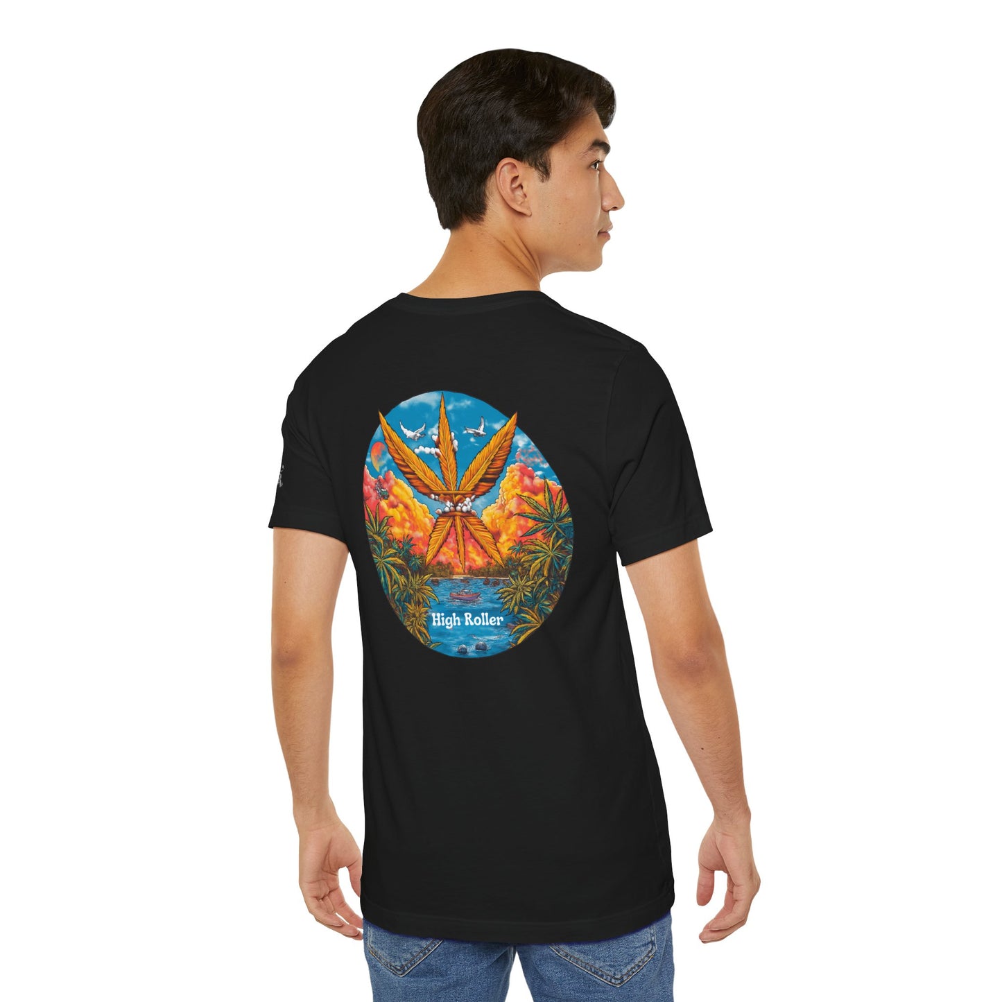 Cannabis Paradise Circle Tee - Tropical Sunset Art Design | High Roller
