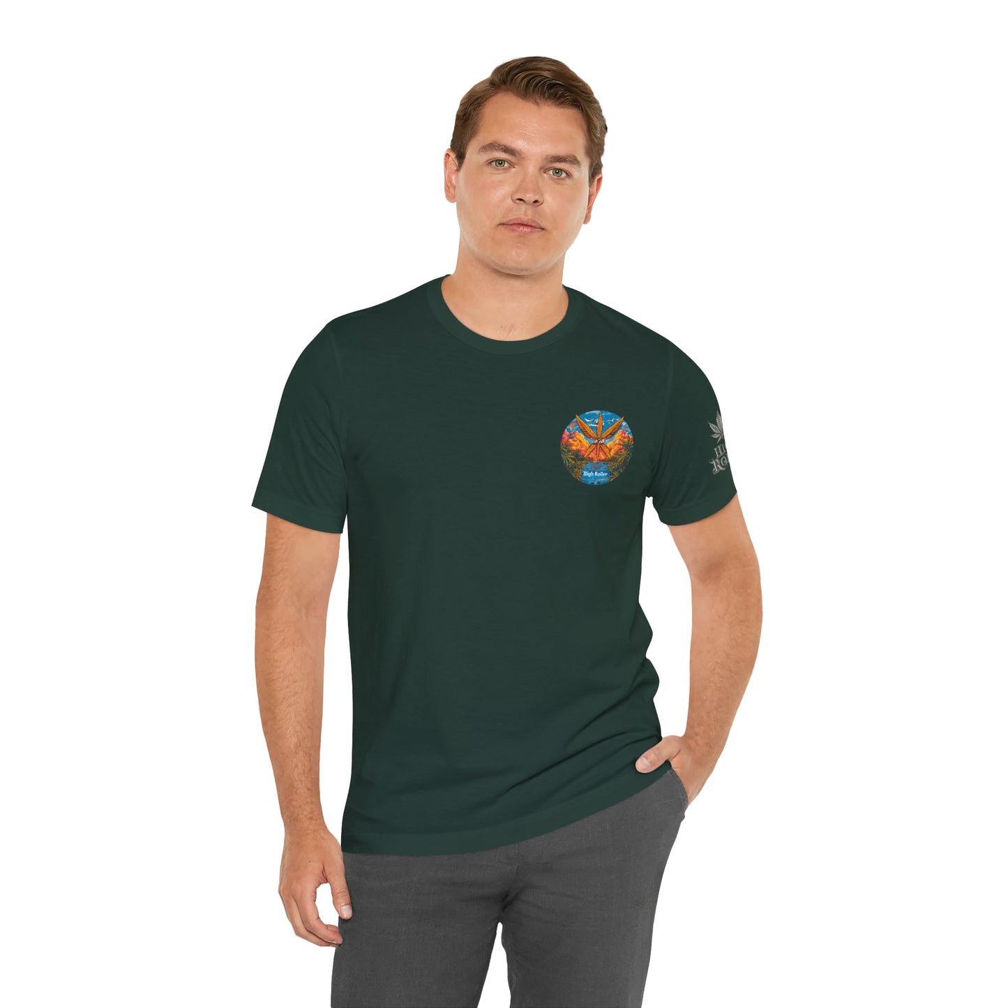 Cannabis Paradise Circle Tee - Tropical Sunset Art Design | High Roller