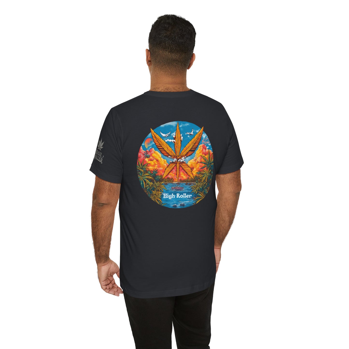 Cannabis Paradise Circle Tee - Tropical Sunset Art Design | High Roller