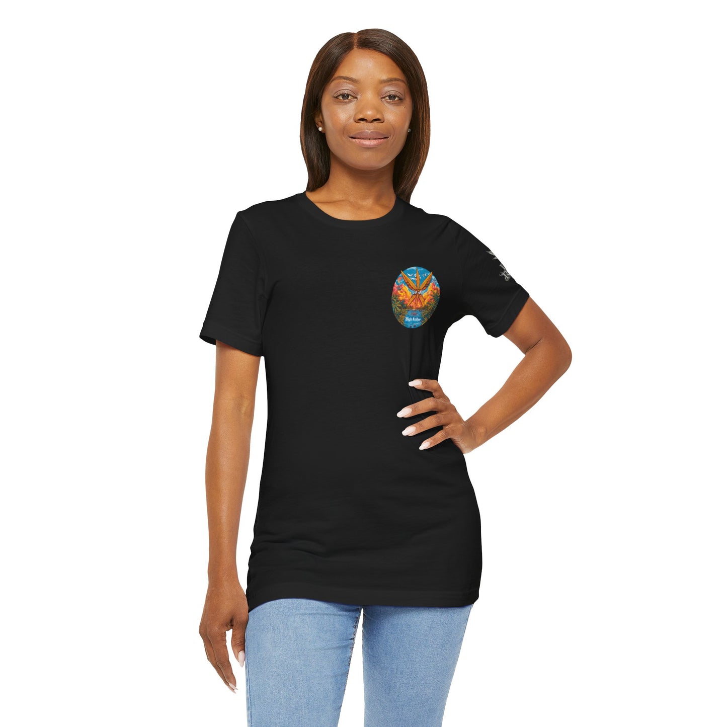 Cannabis Paradise Circle Tee - Tropical Sunset Art Design | High Roller
