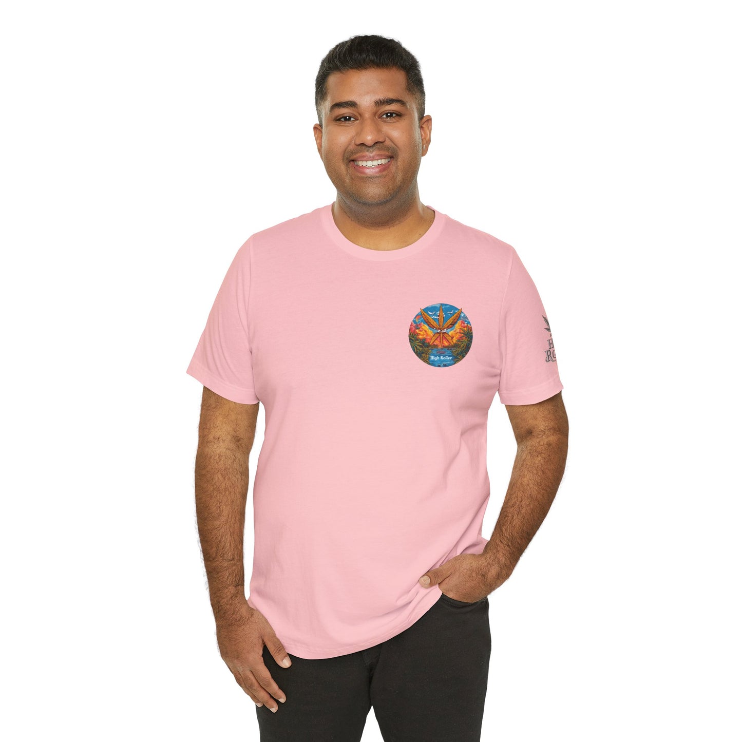 Cannabis Paradise Circle Tee - Tropical Sunset Art Design | High Roller
