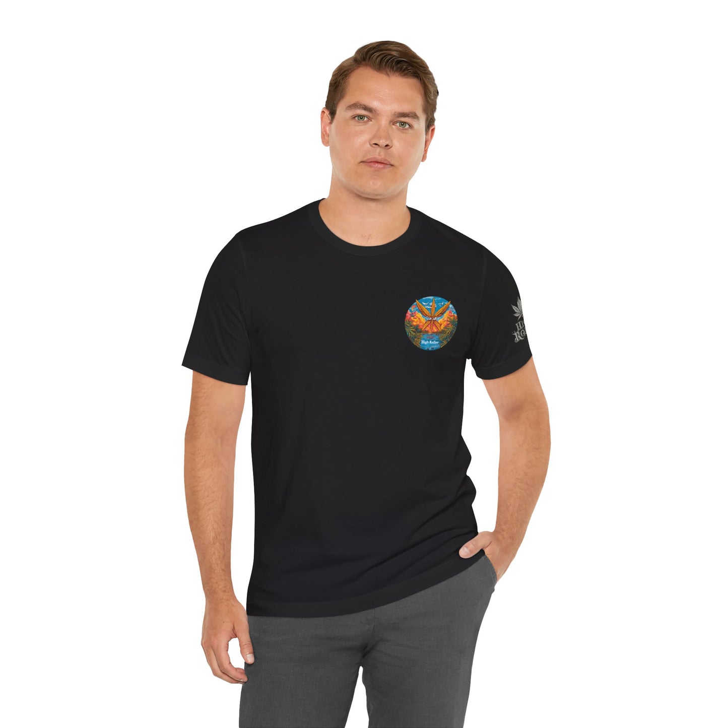 Cannabis Paradise Circle Tee - Tropical Sunset Art Design | High Roller