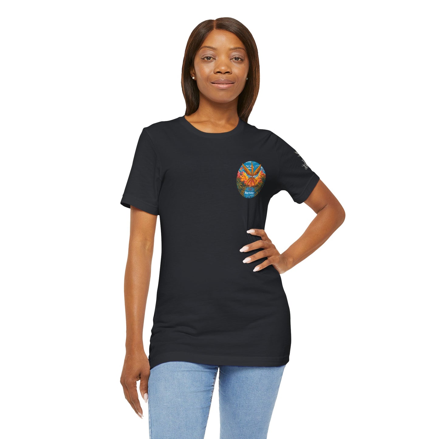 Cannabis Paradise Circle Tee - Tropical Sunset Art Design | High Roller