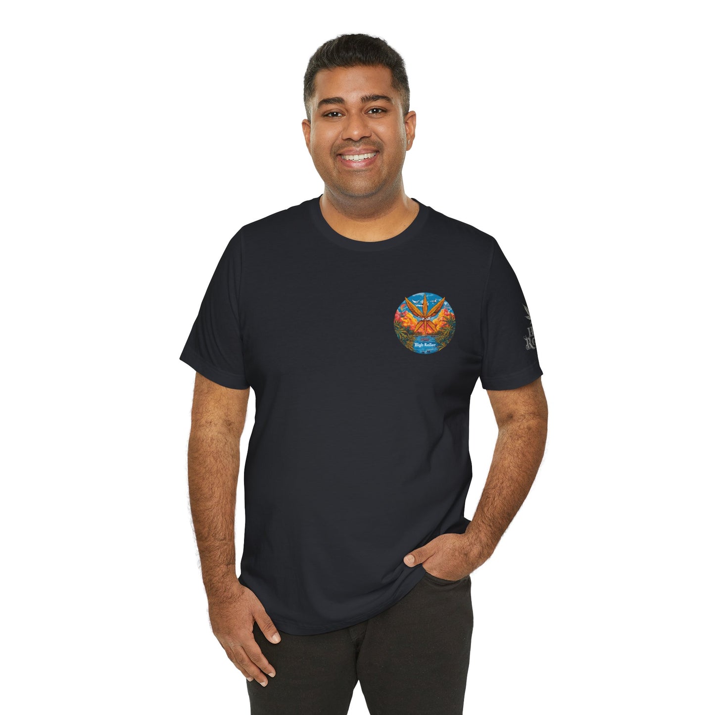 Cannabis Paradise Circle Tee - Tropical Sunset Art Design | High Roller
