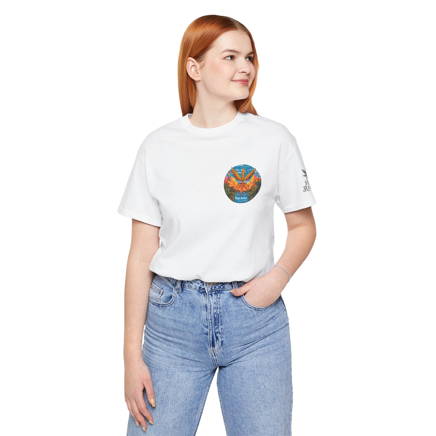Cannabis Paradise Circle Tee - Tropical Sunset Art Design | High Roller