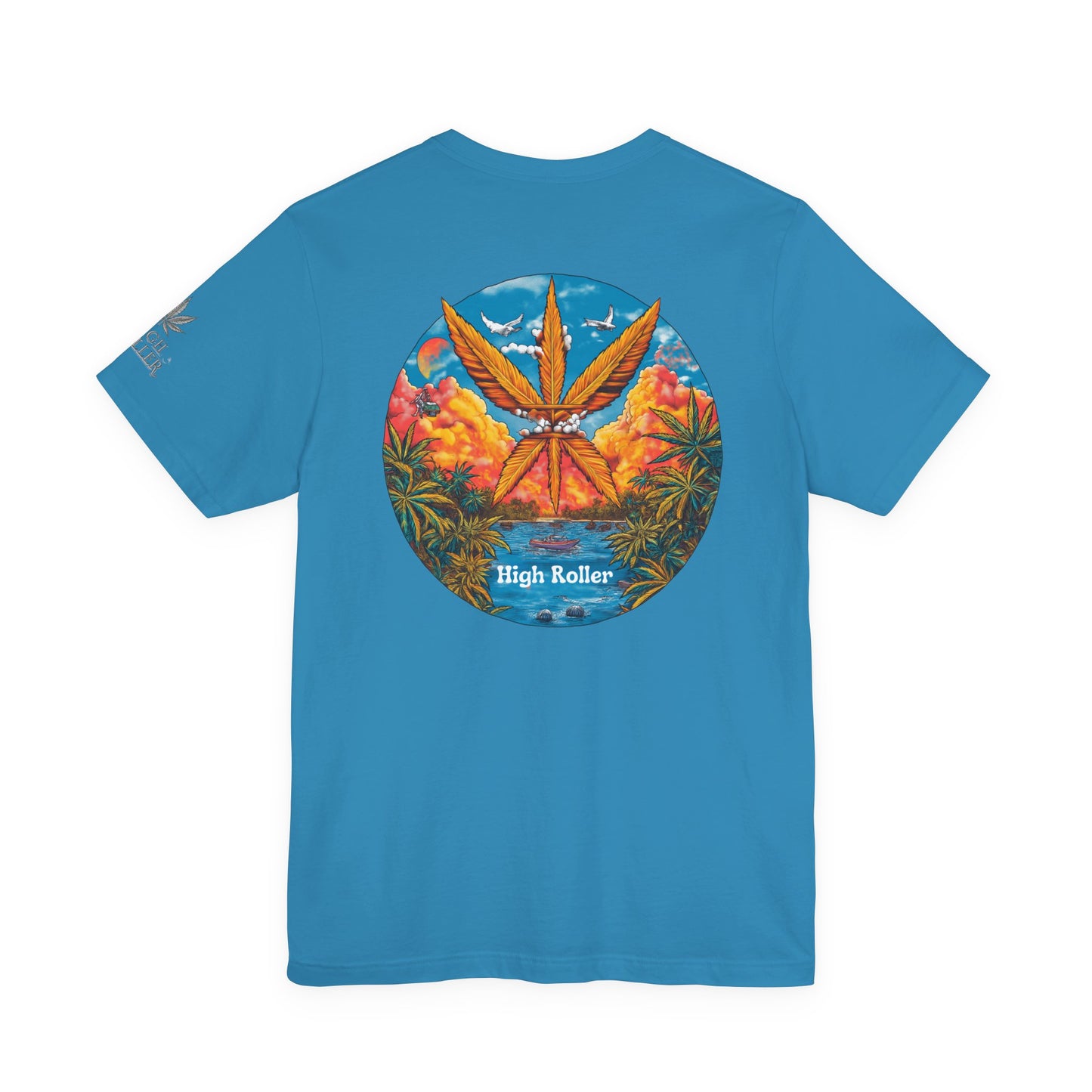 Cannabis Paradise Circle Tee - Tropical Sunset Art Design | High Roller