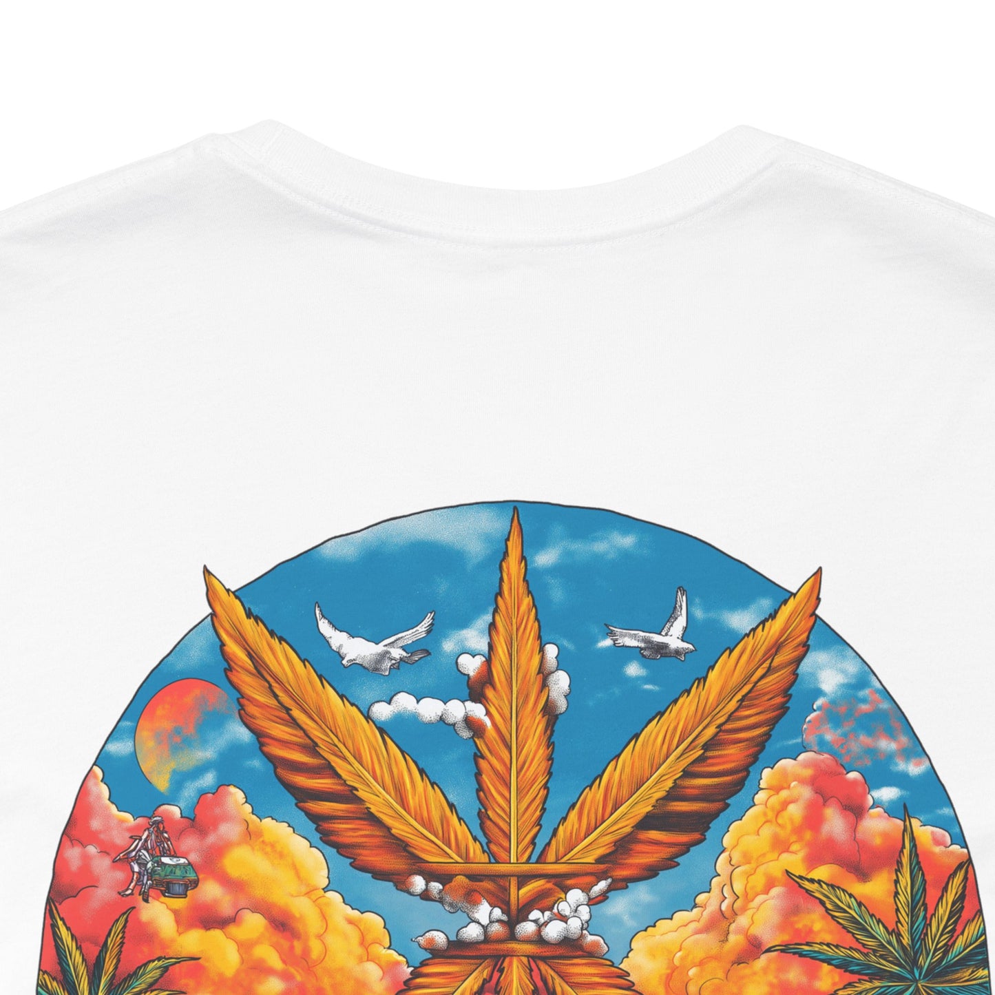 Cannabis Paradise Circle Tee - Tropical Sunset Art Design | High Roller