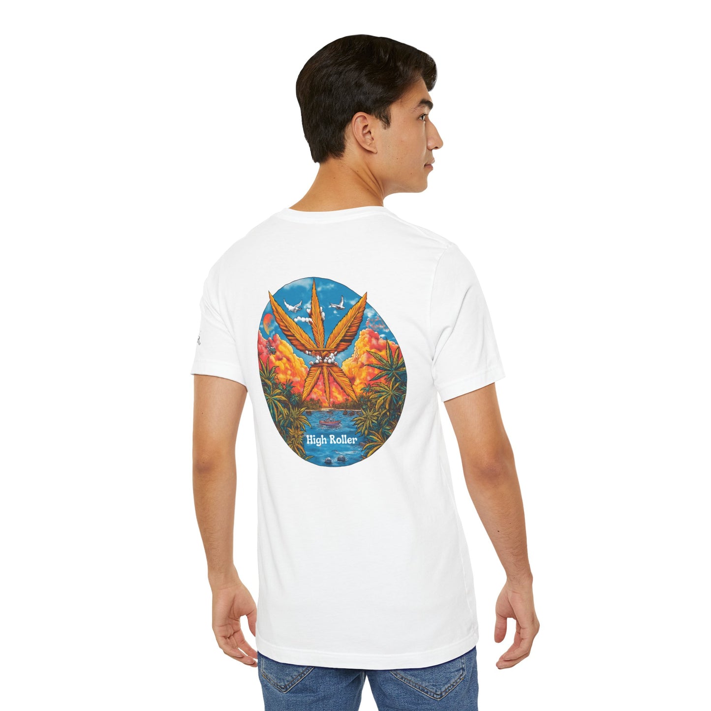 Cannabis Paradise Circle Tee - Tropical Sunset Art Design | High Roller