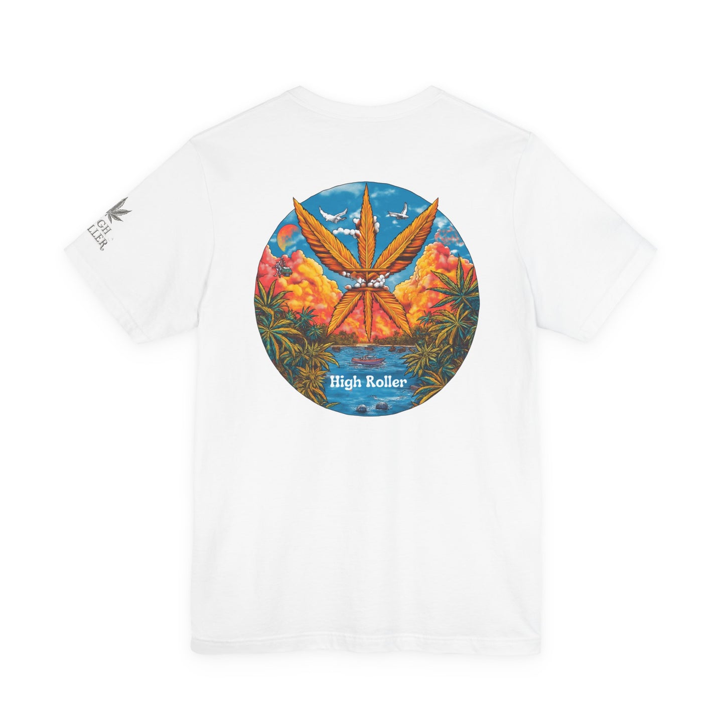 Cannabis Paradise Circle Tee - Tropical Sunset Art Design | High Roller