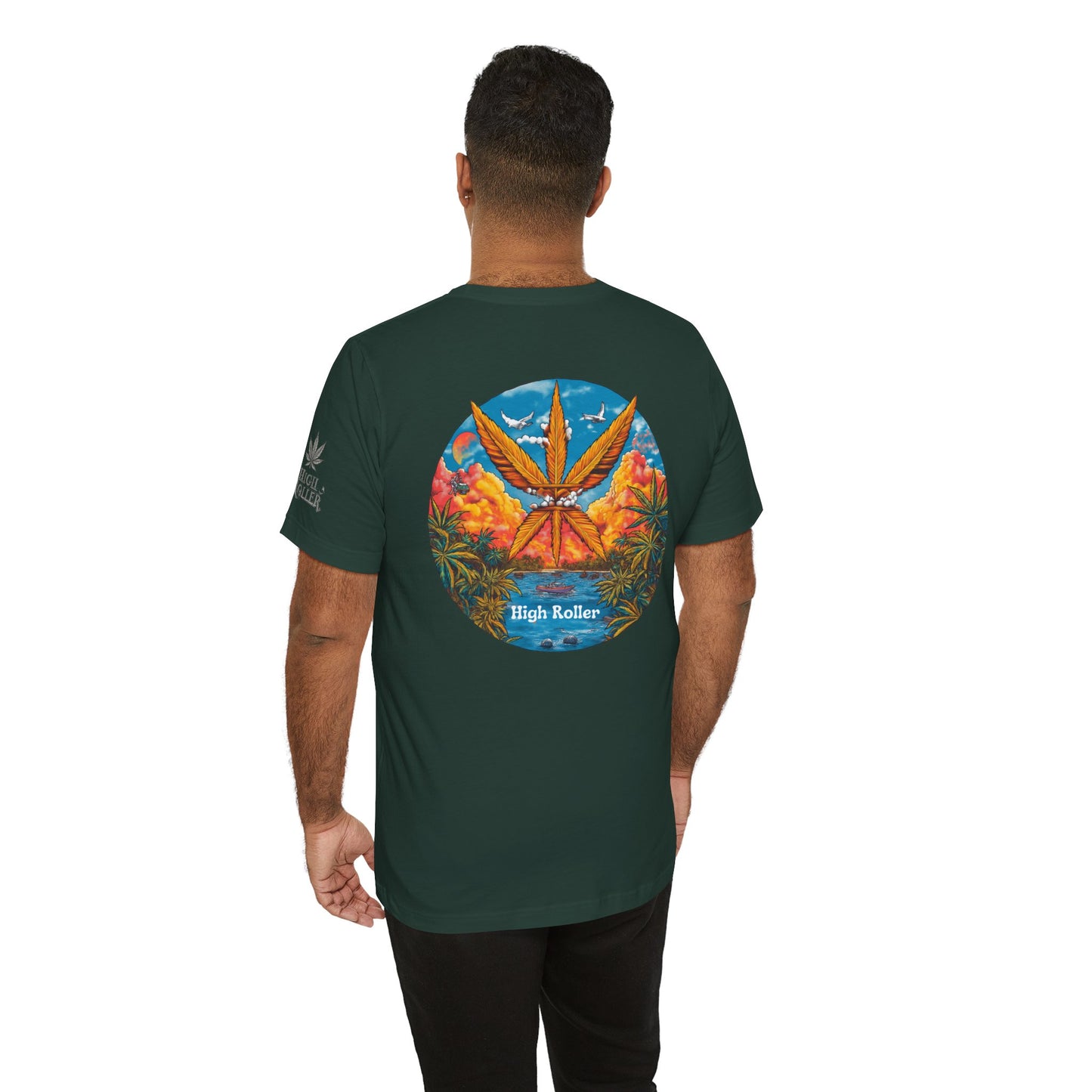 Cannabis Paradise Circle Tee - Tropical Sunset Art Design | High Roller