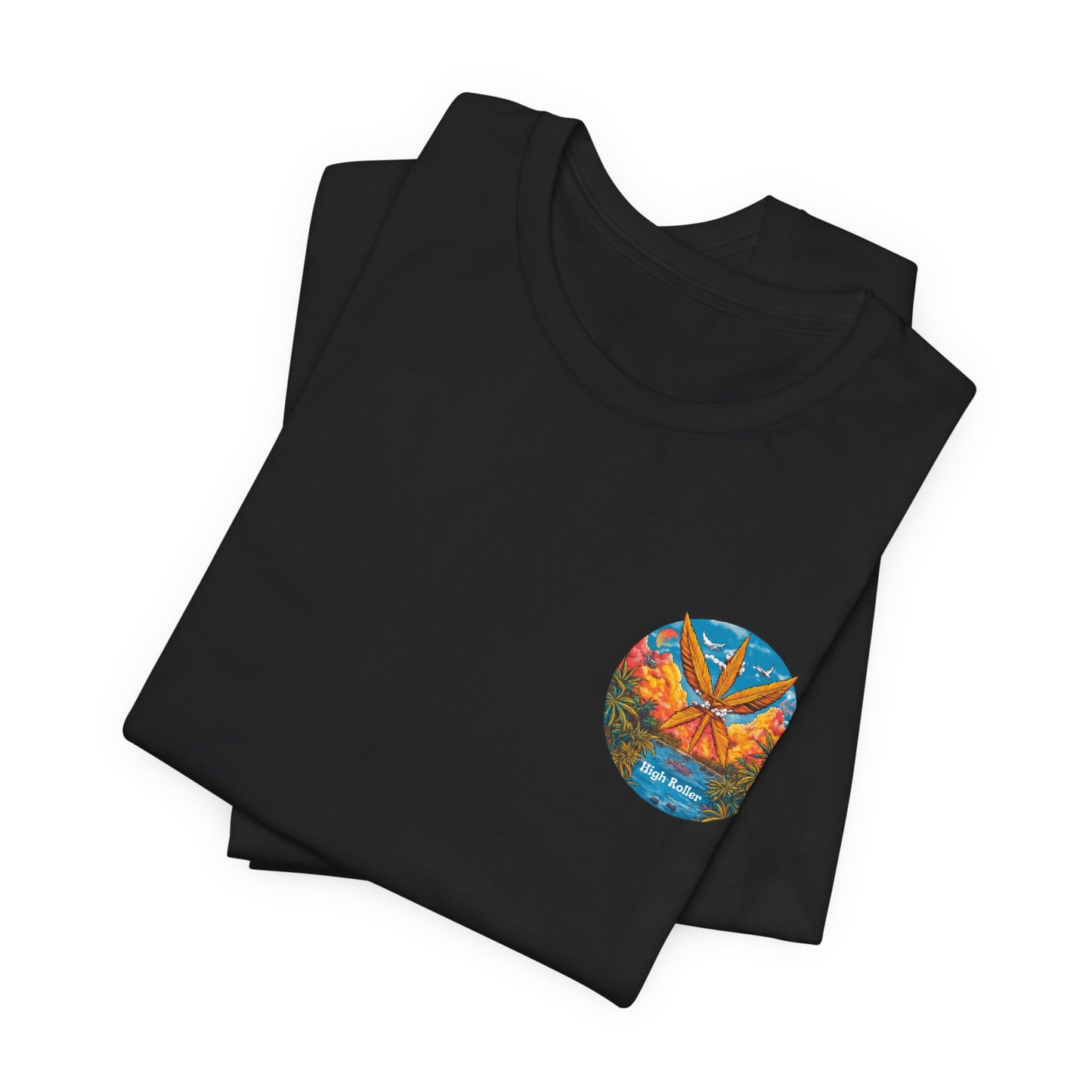 Cannabis Paradise Circle Tee - Tropical Sunset Art Design | High Roller