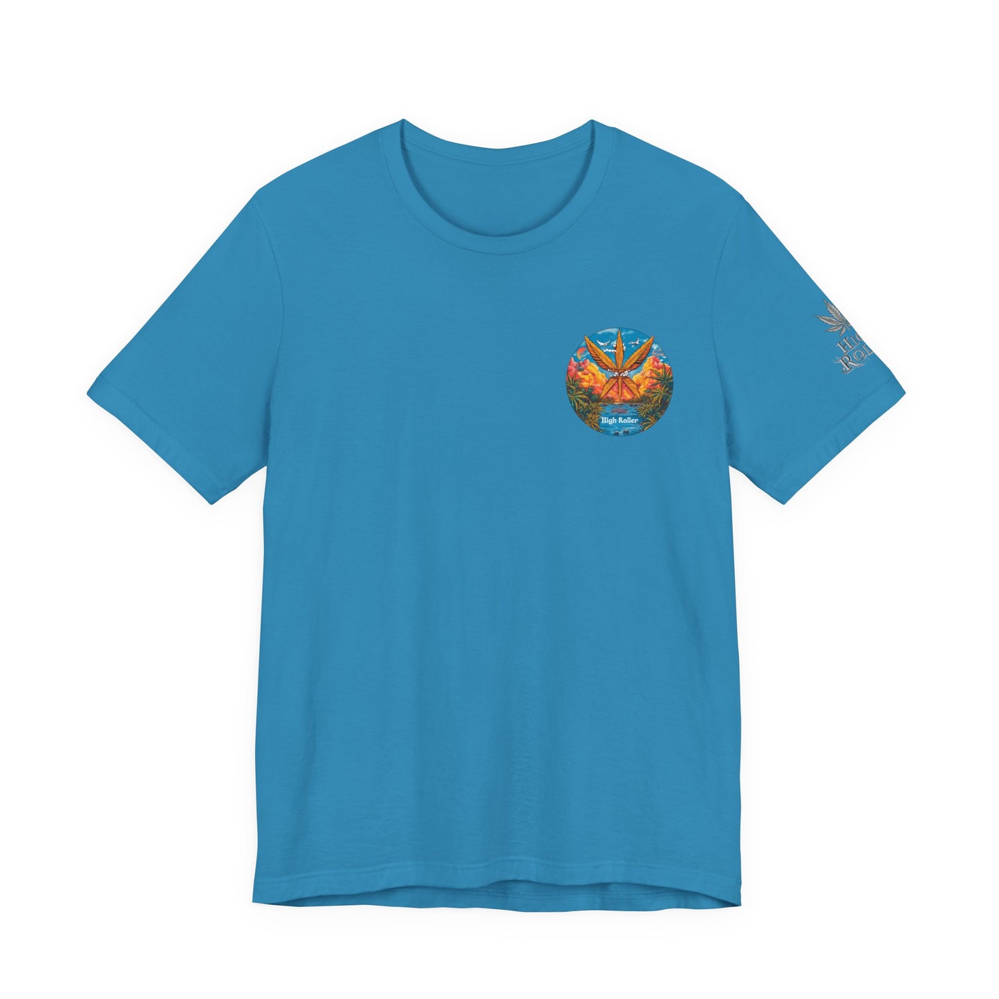 Cannabis Paradise Circle Tee - Tropical Sunset Art Design | High Roller
