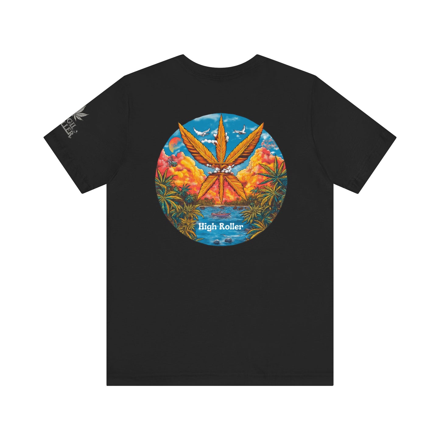 Cannabis Paradise Circle Tee - Tropical Sunset Art Design | High Roller