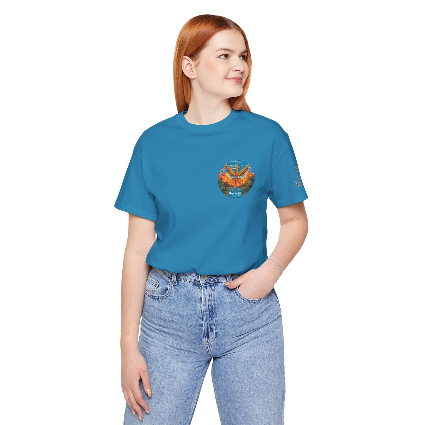 Cannabis Paradise Circle Tee - Tropical Sunset Art Design | High Roller