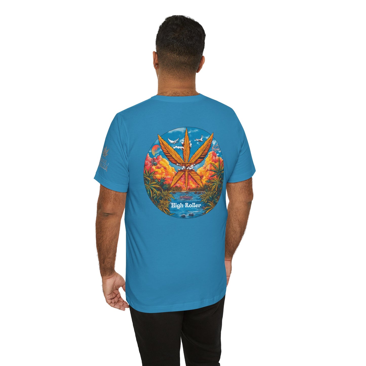 Cannabis Paradise Circle Tee - Tropical Sunset Art Design | High Roller