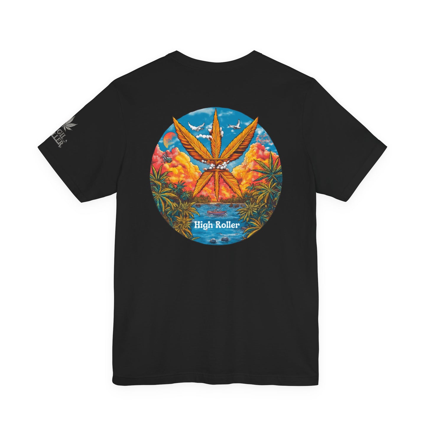 Cannabis Paradise Circle Tee - Tropical Sunset Art Design | High Roller