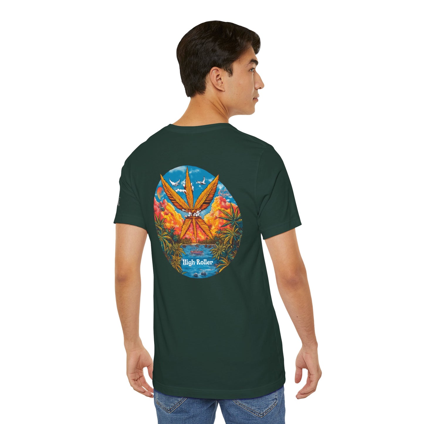 Cannabis Paradise Circle Tee - Tropical Sunset Art Design | High Roller