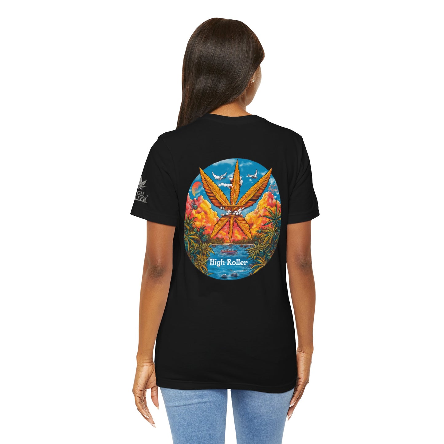 Cannabis Paradise Circle Tee - Tropical Sunset Art Design | High Roller