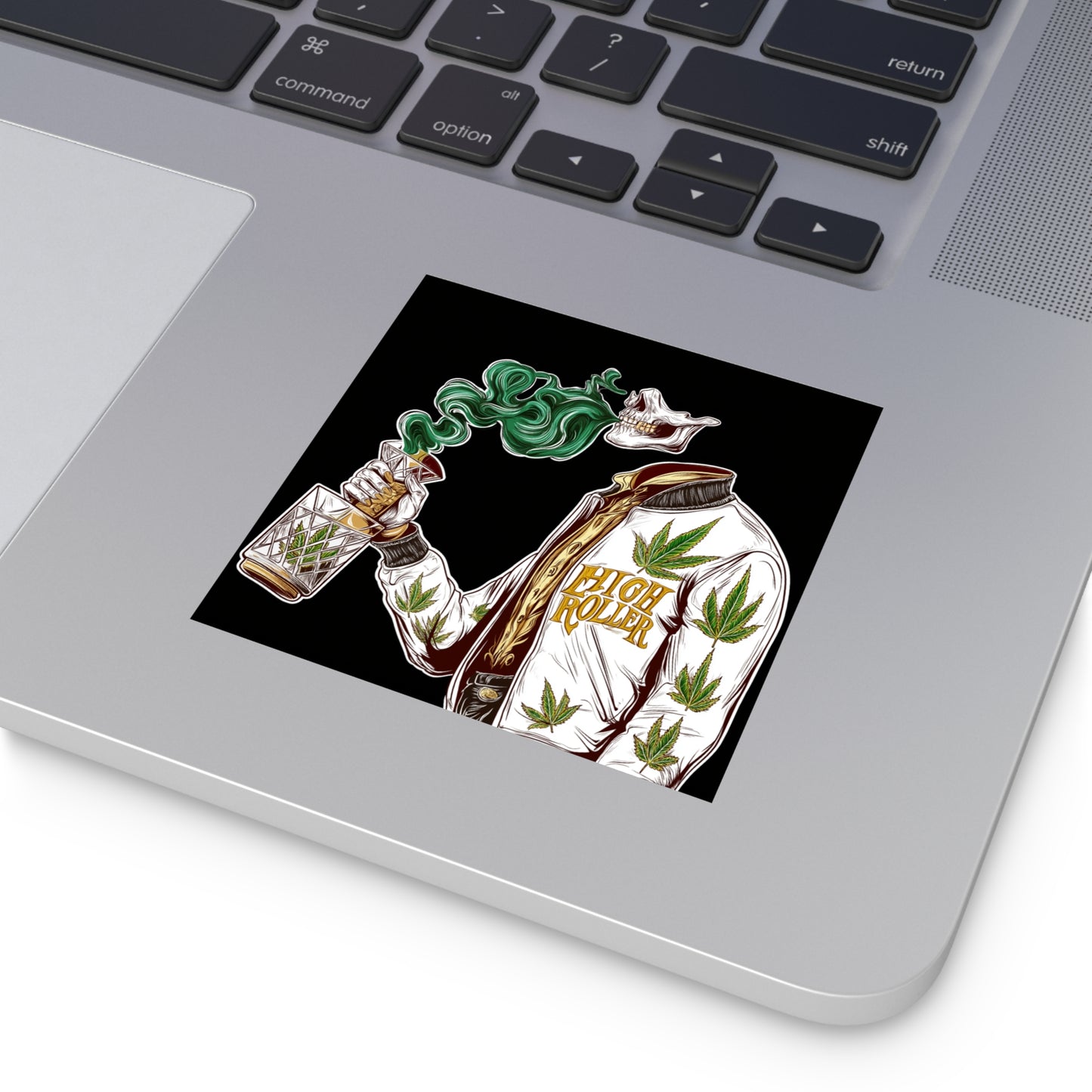 Skeleton Smoking Cannabis Crystal Decanter Sticker - Luxury Death Gothic Weed Art - HIGH ROLLER Premium 3x3 Vinyl