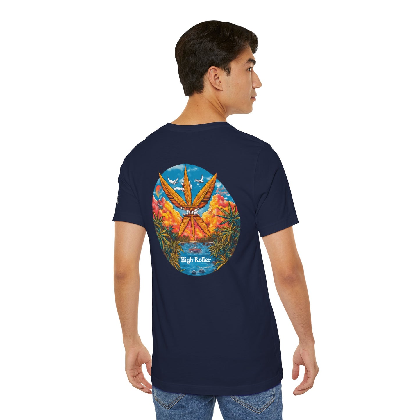 Cannabis Paradise Circle Tee - Tropical Sunset Art Design | High Roller