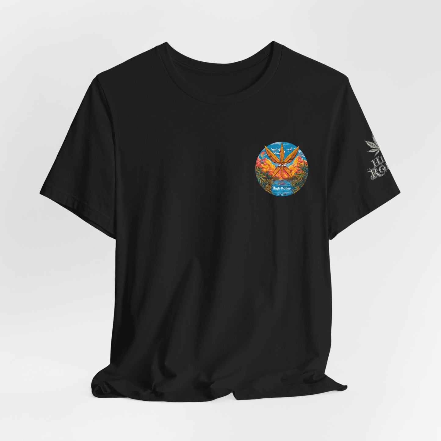 Cannabis Paradise Circle Tee - Tropical Sunset Art Design | High Roller