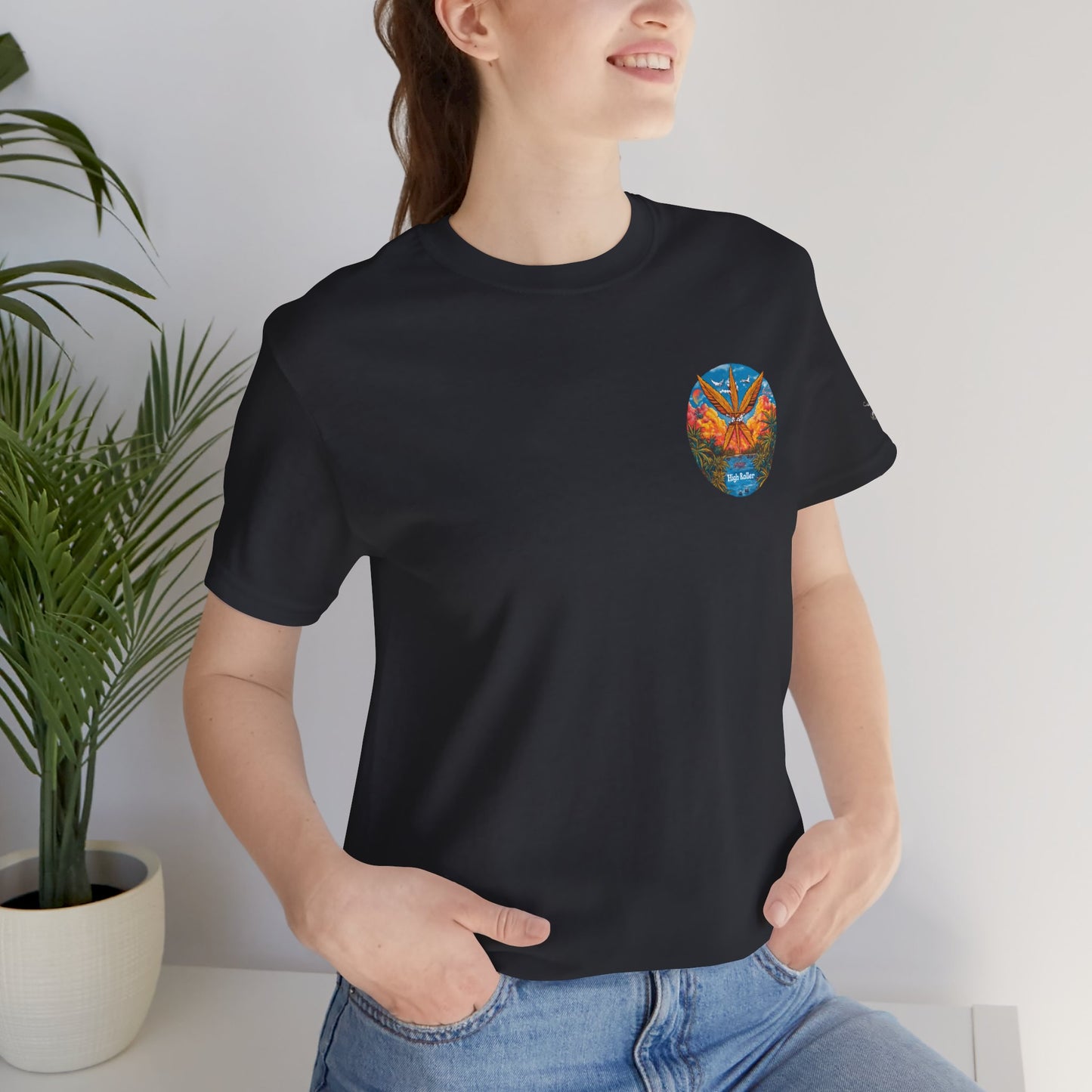 Cannabis Paradise Circle Tee - Tropical Sunset Art Design | High Roller