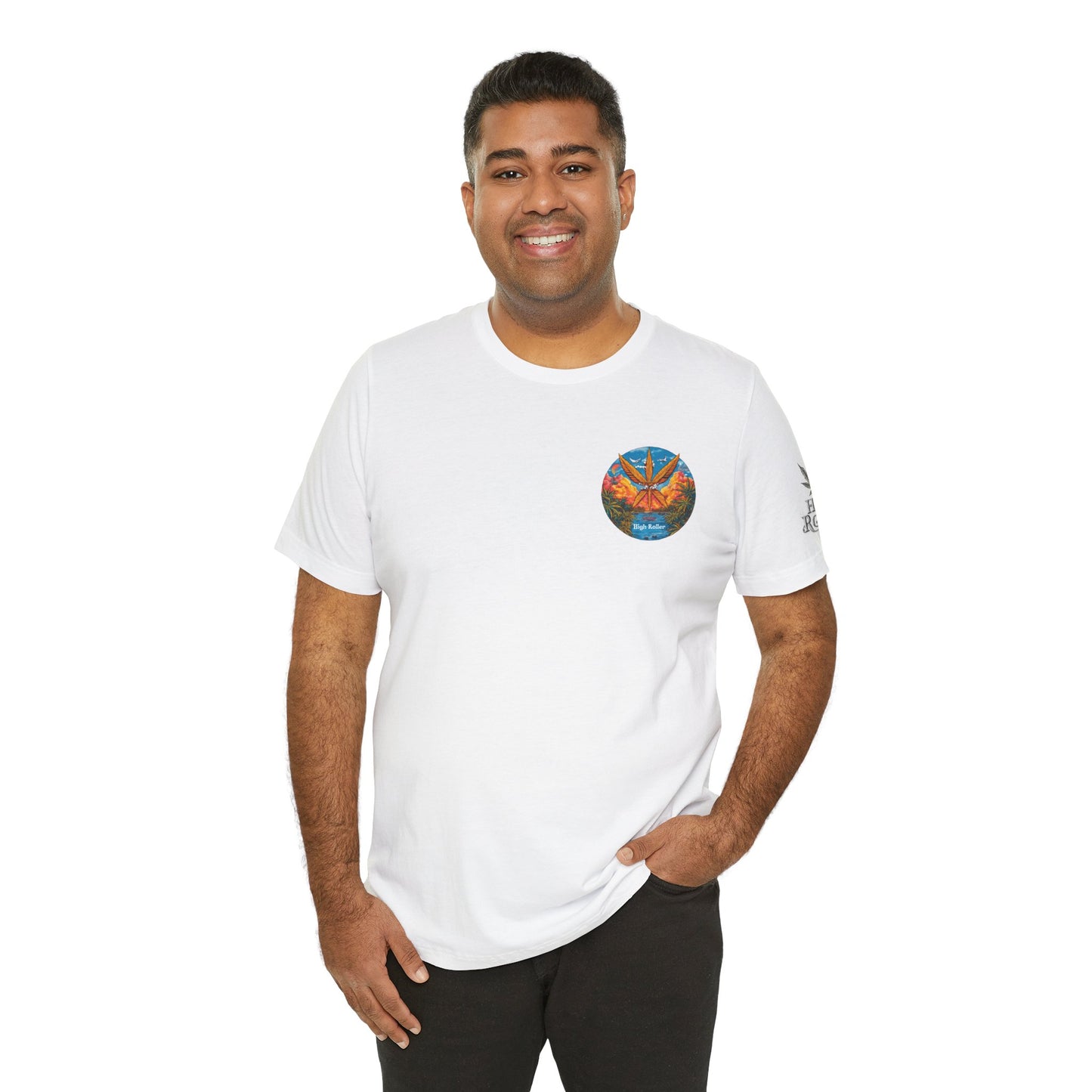 Cannabis Paradise Circle Tee - Tropical Sunset Art Design | High Roller