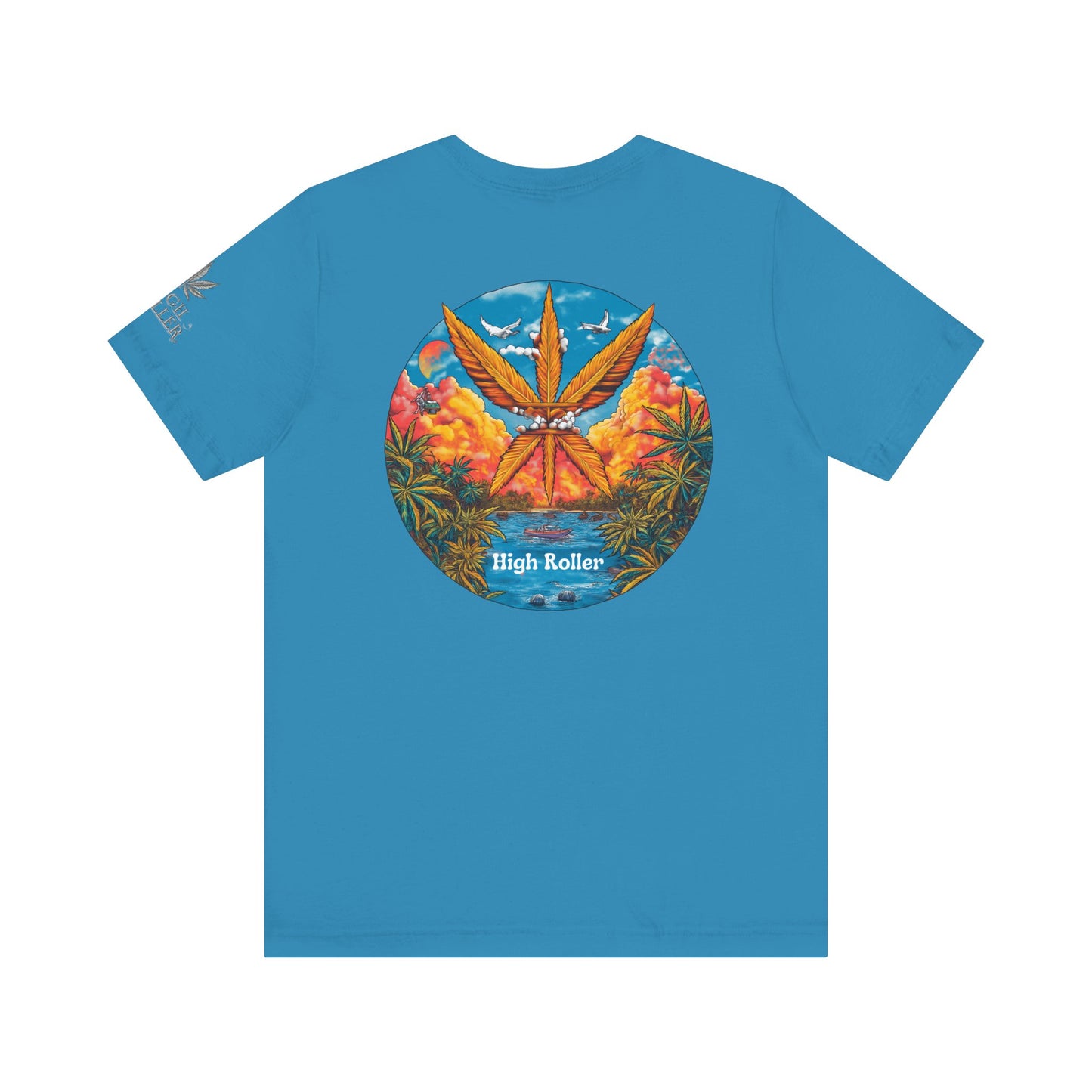 Cannabis Paradise Circle Tee - Tropical Sunset Art Design | High Roller