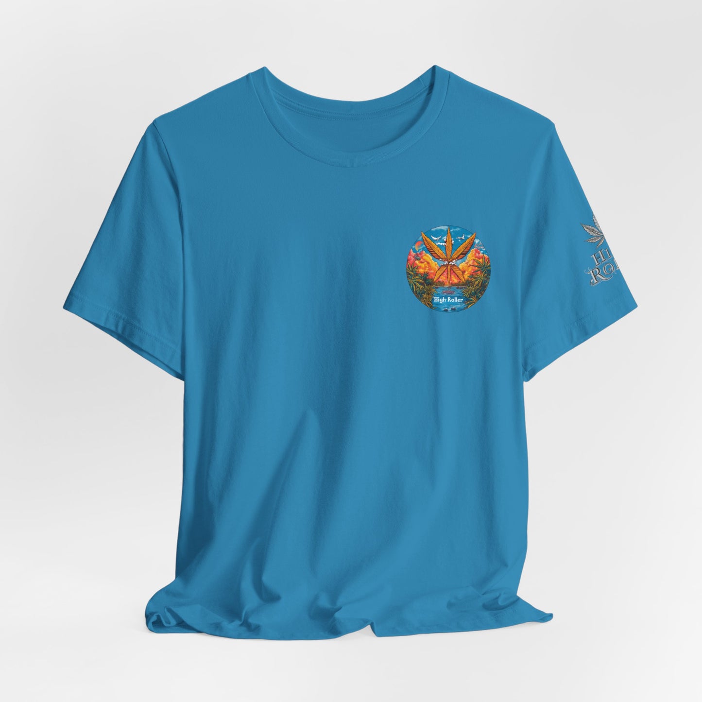 Cannabis Paradise Circle Tee - Tropical Sunset Art Design | High Roller