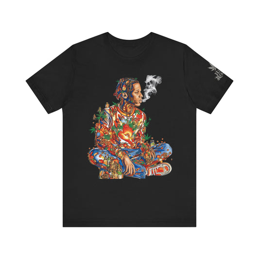 High Roller Meditation Mosaic Cannabis T-Shirt - Premium 420 Hip-Hop Zen Cross-Legged Street Culture Artistic Collage Apparel