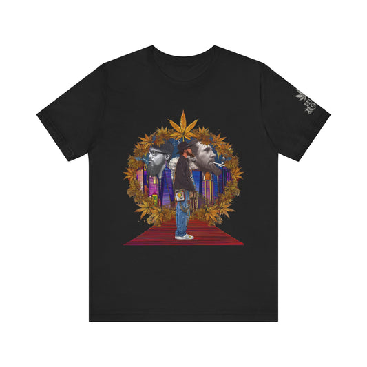 Red Carpet Royalty Premium Cannabis Culture T-Shirt - Hip-Hop Legends Tribute With Golden Cannabis Wreath And City Skyline