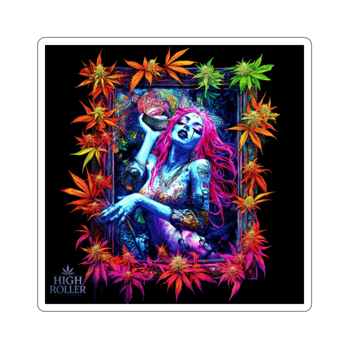Neon Cannabis Art Sticker | High Roller Psychedelic Woman | Premium Die-Cut Vinyl Decal