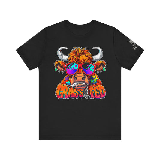 High Roller Grass Fed Cannabis T-Shirt - Premium 420 Highland Cow Humor Psychedelic Sunglasses Farm Culture Comedy Apparel