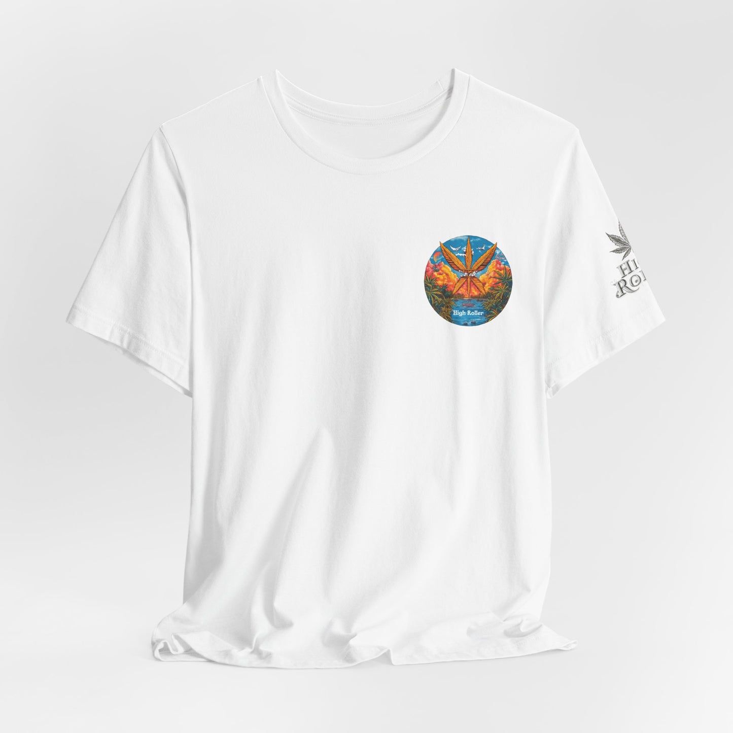 Cannabis Paradise Circle Tee - Tropical Sunset Art Design | High Roller