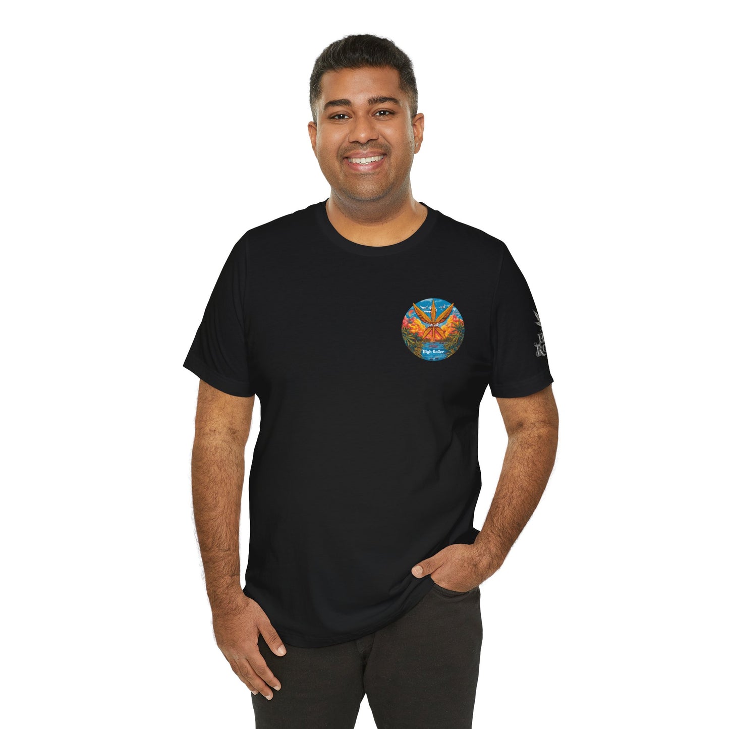 Cannabis Paradise Circle Tee - Tropical Sunset Art Design | High Roller