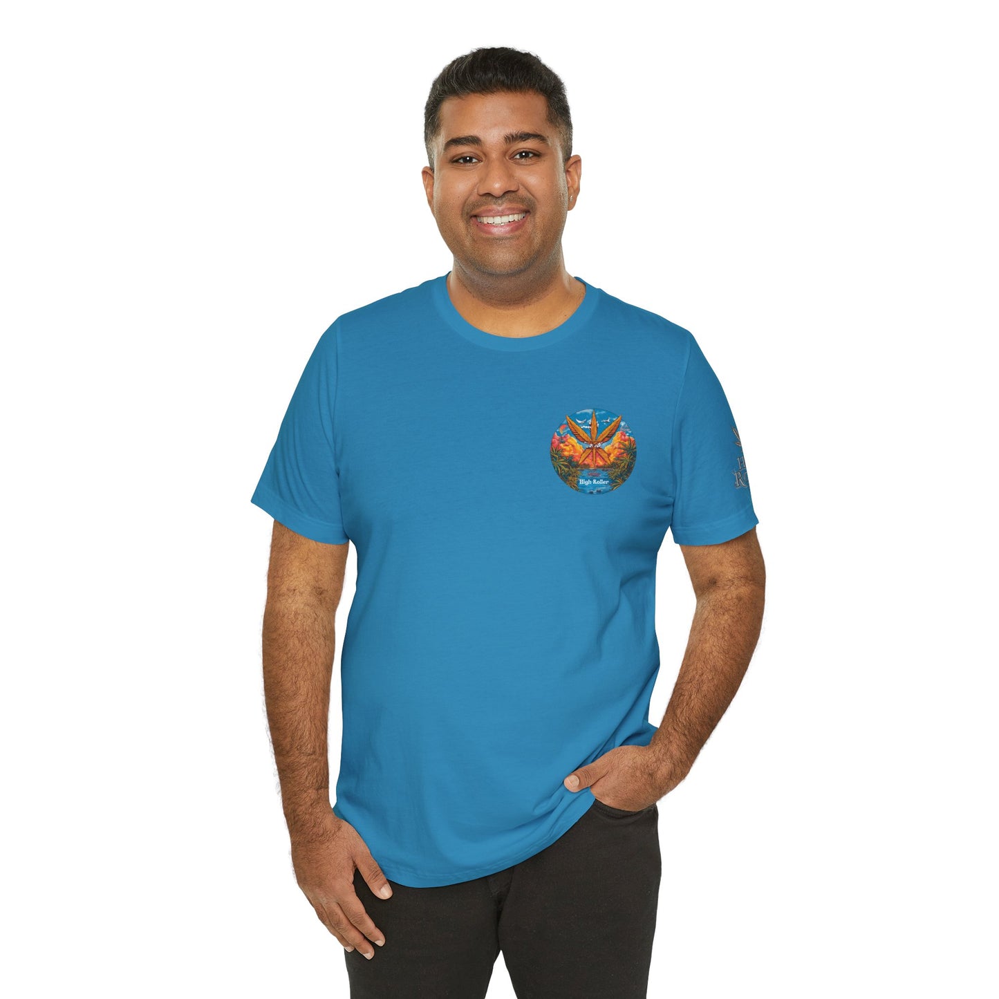 Cannabis Paradise Circle Tee - Tropical Sunset Art Design | High Roller