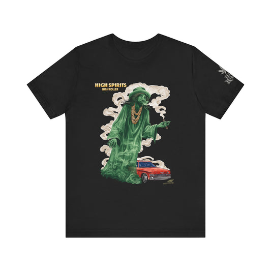 High Spirits HIGH ROLLER Halloween Cannabis Ghost T-Shirt - Premium Spectral Lowrider Phantom 420 Apparel