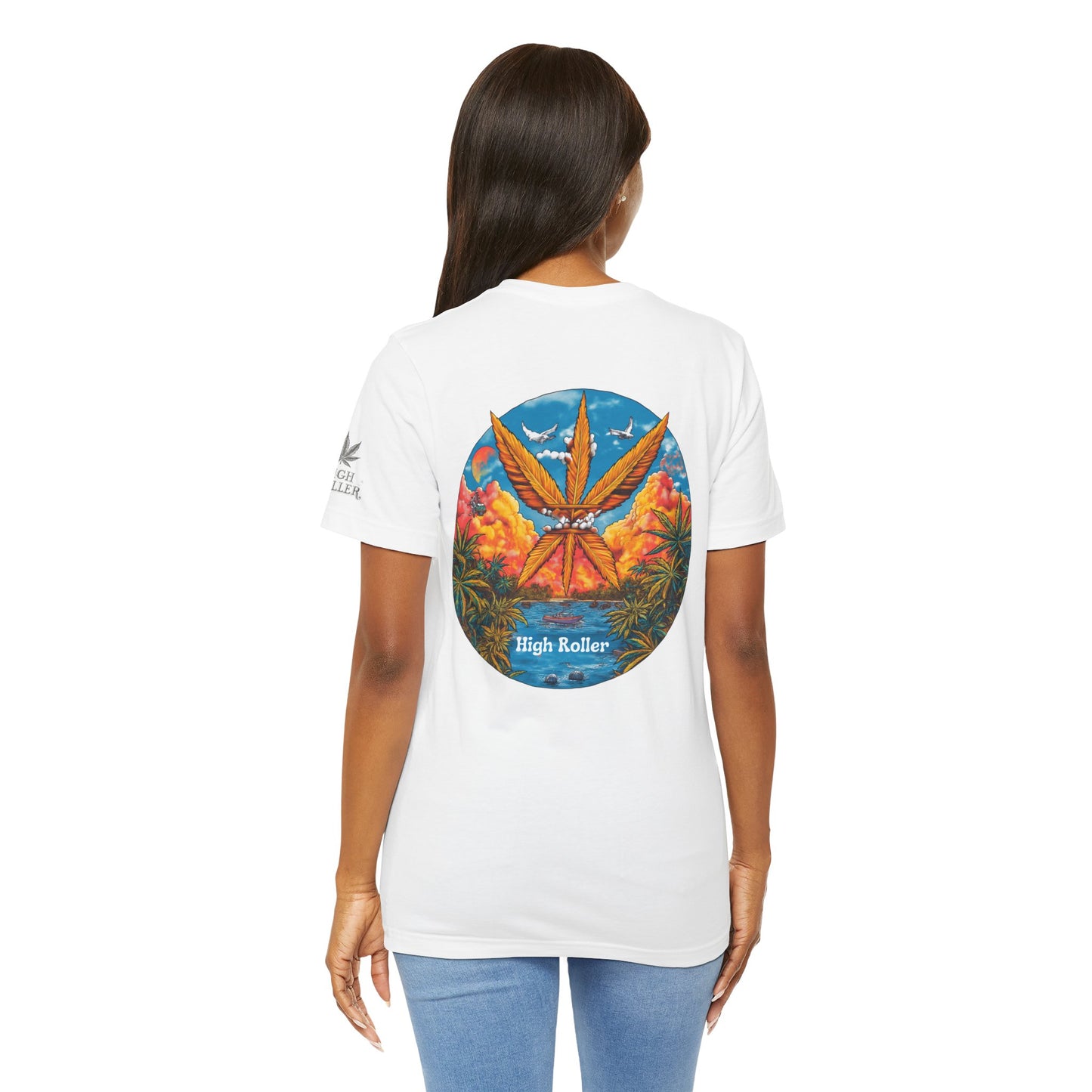 Cannabis Paradise Circle Tee - Tropical Sunset Art Design | High Roller