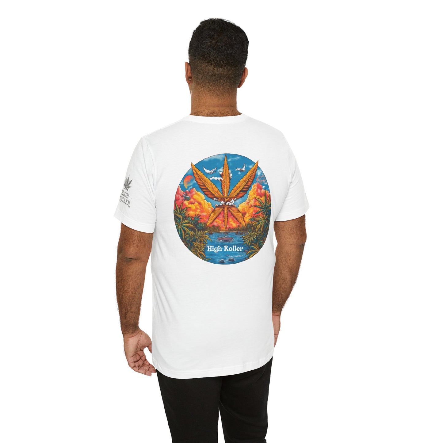 Cannabis Paradise Circle Tee - Tropical Sunset Art Design | High Roller