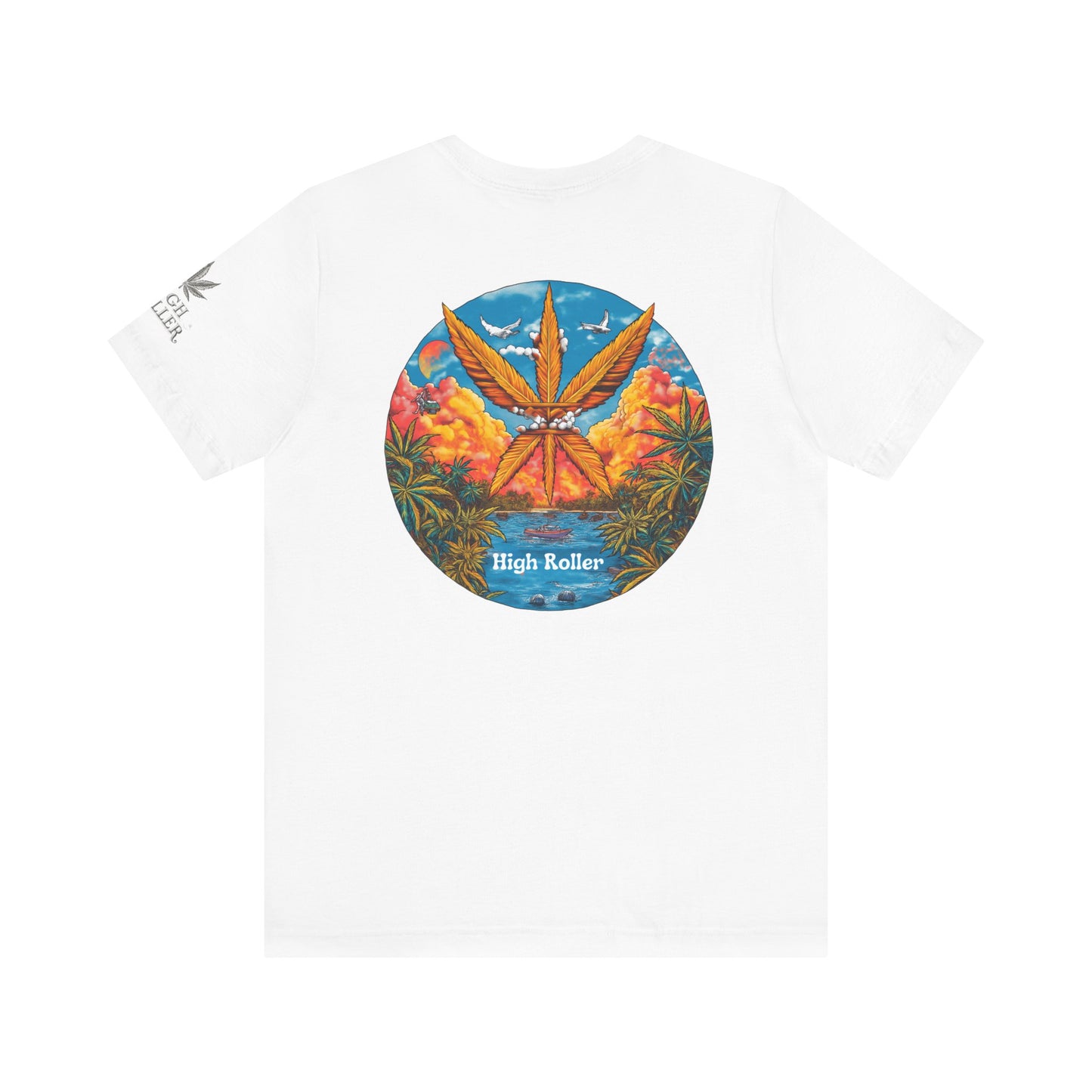 Cannabis Paradise Circle Tee - Tropical Sunset Art Design | High Roller