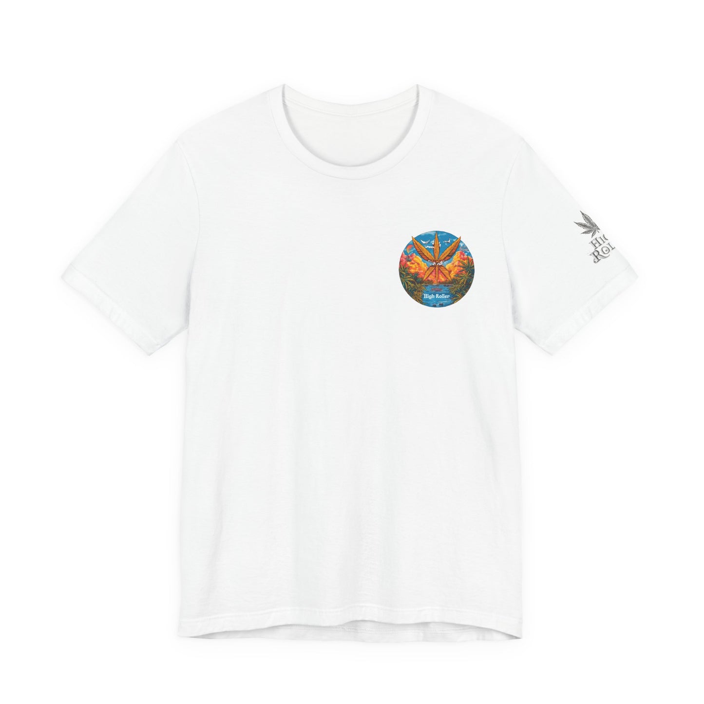 Cannabis Paradise Circle Tee - Tropical Sunset Art Design | High Roller