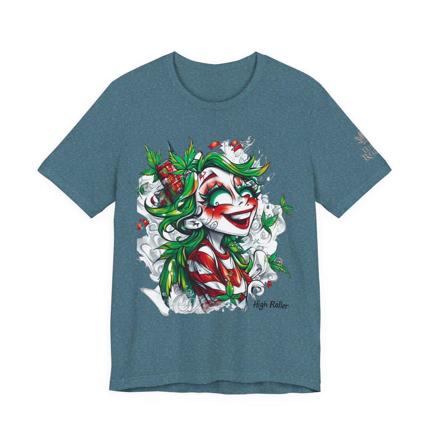 High Roller Jester Queen Cannabis T-Shirt - Premium 420 Harlequin Beauty Holiday Celebration Apparel