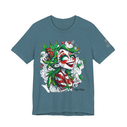 High Roller Jester Queen Cannabis T-Shirt - Premium 420 Harlequin Beauty Holiday Celebration Apparel