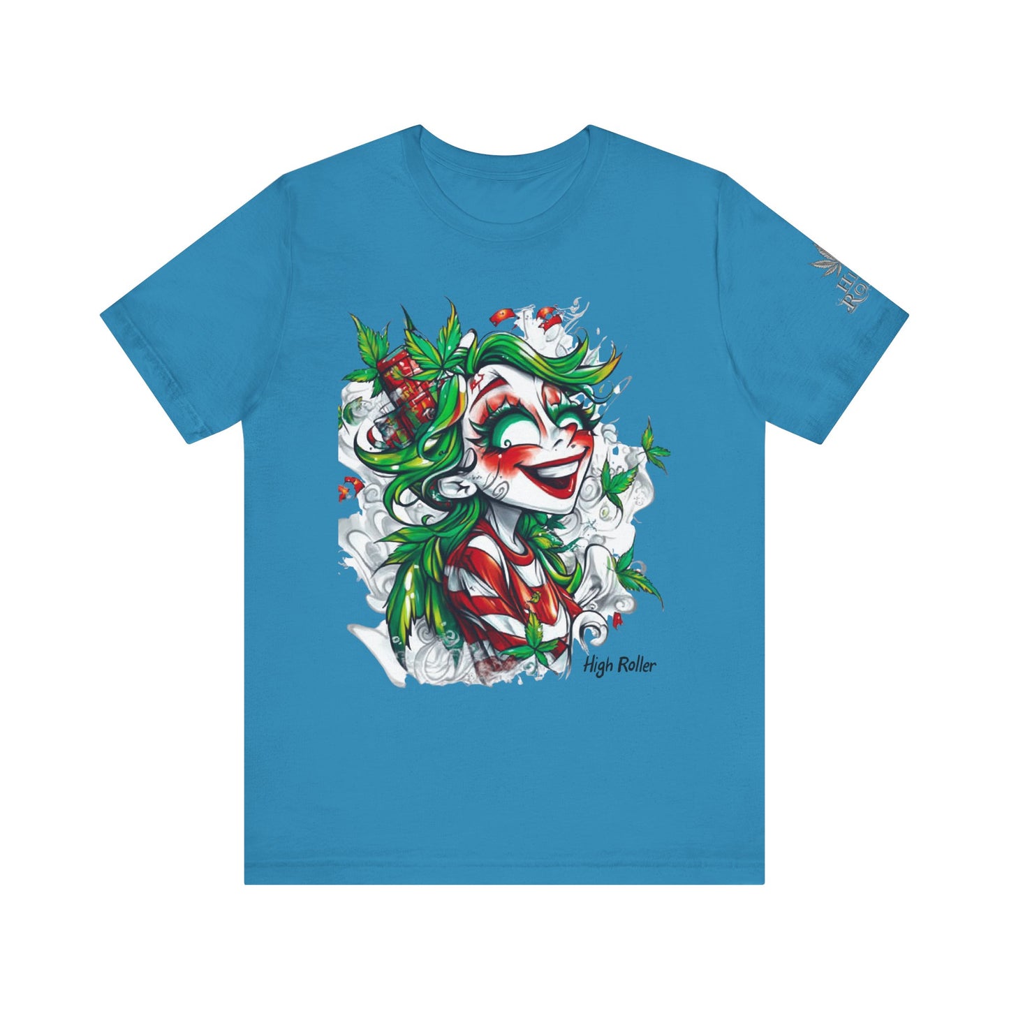 High Roller Jester Queen Cannabis T-Shirt - Premium 420 Harlequin Beauty Holiday Celebration Apparel