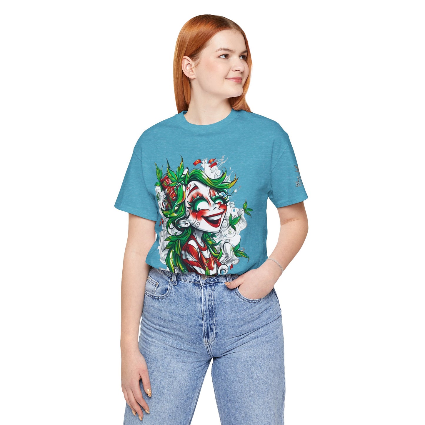 High Roller Jester Queen Cannabis T-Shirt - Premium 420 Harlequin Beauty Holiday Celebration Apparel