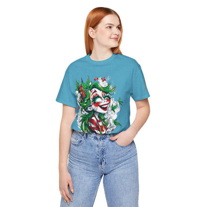 High Roller Jester Queen Cannabis T-Shirt - Premium 420 Harlequin Beauty Holiday Celebration Apparel