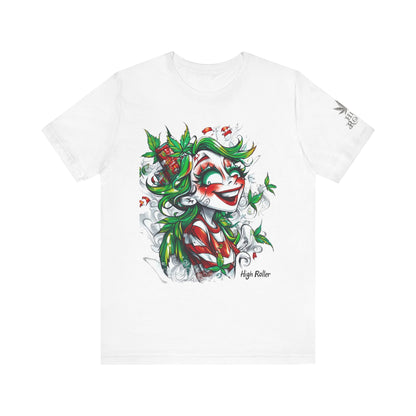 High Roller Jester Queen Cannabis T-Shirt - Premium 420 Harlequin Beauty Holiday Celebration Apparel